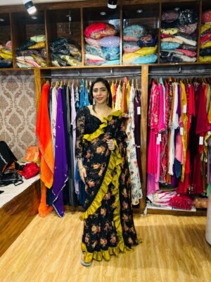 Black Sequence Floral Saree with Mustard Frill