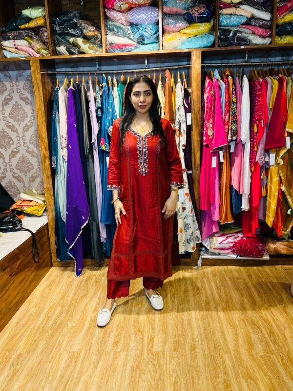 Rust Tussar Silk Kurta Set with Mirror Work – Festive & Occasion Wear (Fabric: Tussar Silk)
