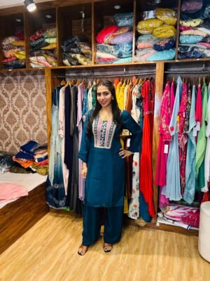 Peacock Blue Parshi Embroidered Cord Set – Organza Co-ord for Women ( Fabric : Organza)