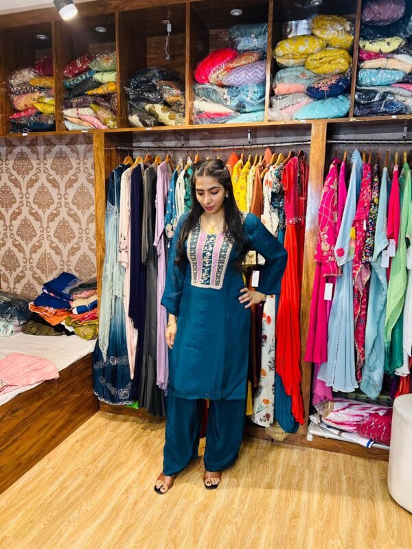 Peacock Blue Parshi Embroidered Cord Set – Organza Co-ord for Women ( Fabric : Organza)