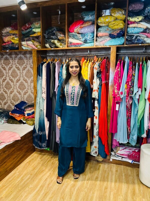 Peacock Blue Parshi Embroidered Cord Set – Organza Co-ord for Women ( Fabric : Organza)