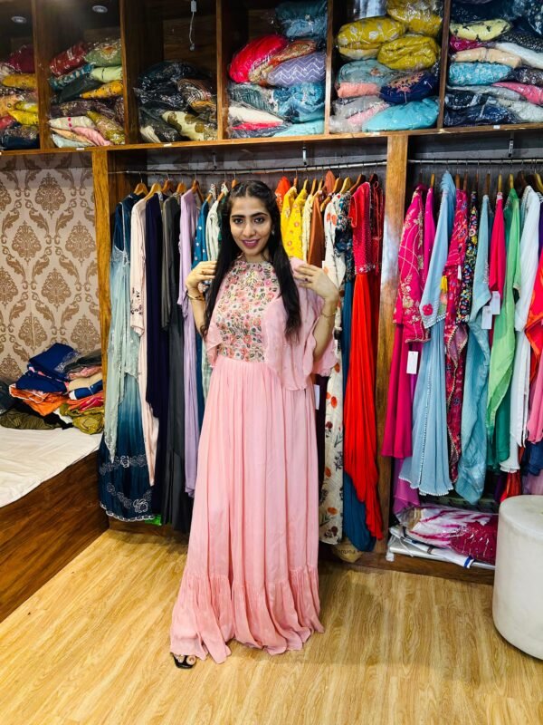 Baby Pink Chinon Gown with Floral Embroidery – Elegant Occasion Wear  (Fabric: Chinon)