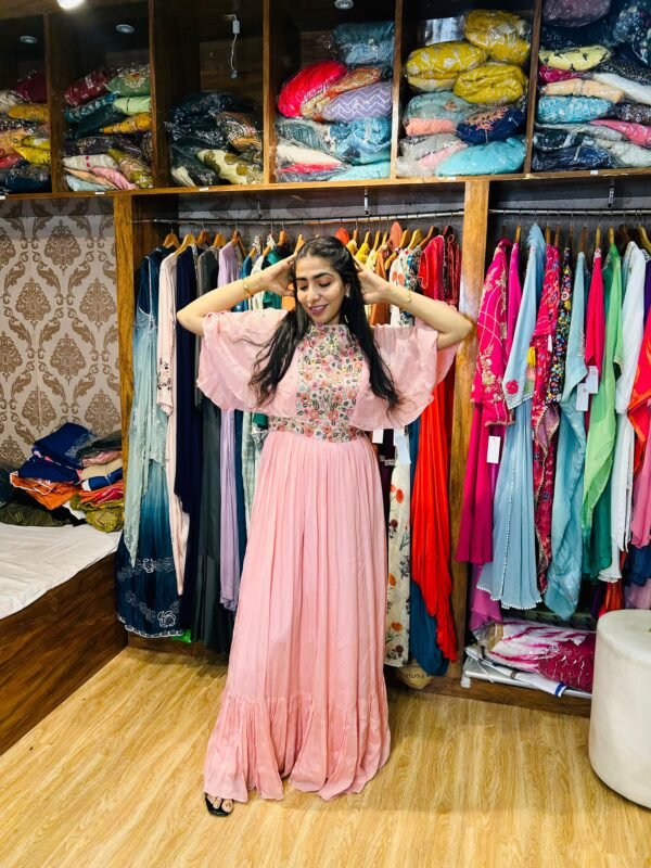 Baby Pink Chinon Gown with Floral Embroidery – Elegant Occasion Wear  (Fabric: Chinon)
