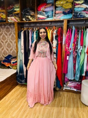 Baby Pink Chinon Gown with Floral Embroidery – Elegant Occasion Wear  (Fabric: Chinon)