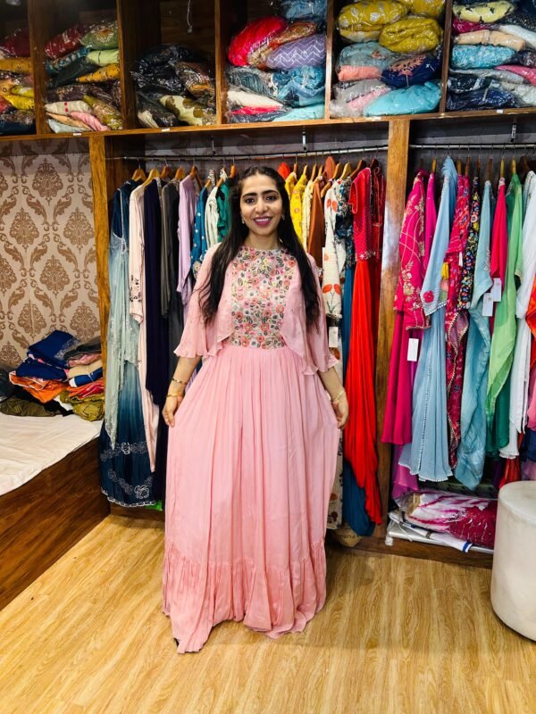 Baby Pink Chinon Gown with Floral Embroidery – Elegant Occasion Wear  (Fabric: Chinon)