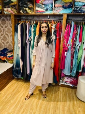 Khaki Beige A-Line Cord Set – Elegant Mal Chanderi Kurta Pant Set (Fabric:- Mal Chanderi)