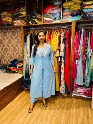 Sky Blue Cotton Indo-Western Cord Set with Embroidery – Summer Fusion Wear (Fabric: Cotton)
