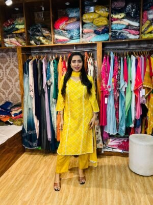 Yellow Handworked Bandhni Print Pure Chanderi 3pc Suit (Fabric:- Pure Chanderi)
