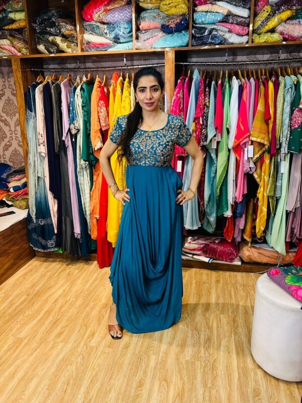 Peacock Green indowestern Drape Gown with Pitazari Work