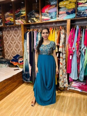 Peacock Green indowestern Drape Gown with Pitazari Work