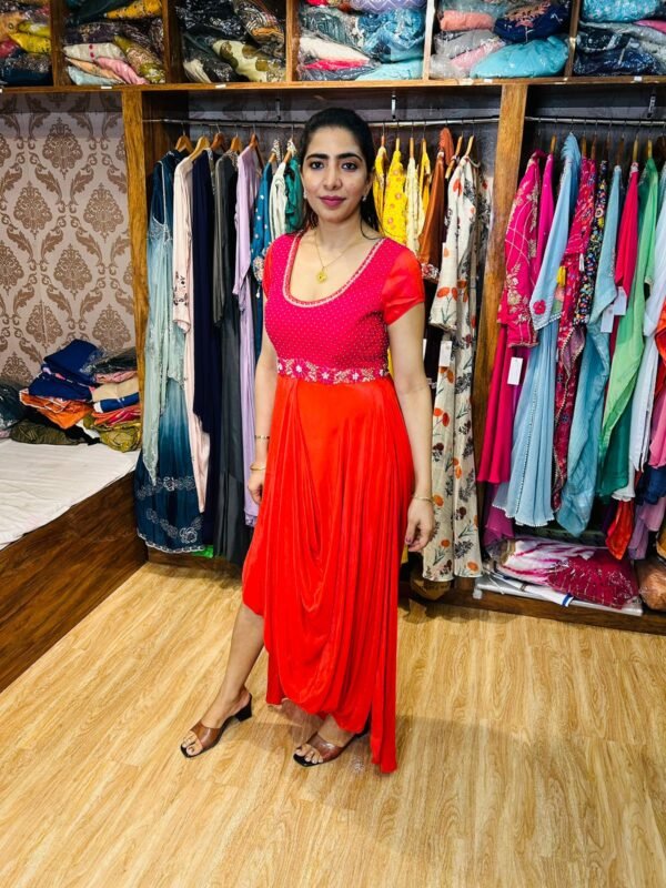 WhatsApp Image 2025-06-09 at 17.28.19 (1) Rani Pink and Orange Indowestern Drape Gown (Fabric:- Pure Crepe)