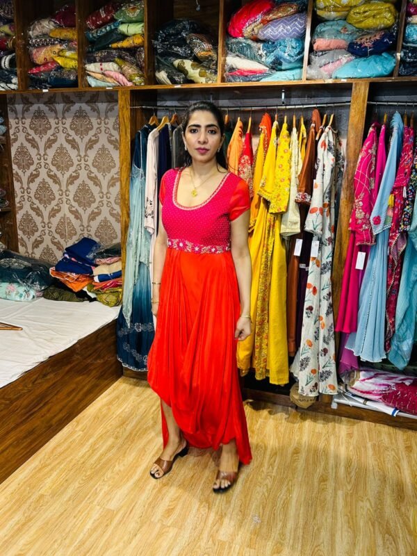 WhatsApp Image 2025-06-09 at 17.28.19 (2) Rani Pink and Orange Indowestern Drape Gown (Fabric:- Pure Crepe)