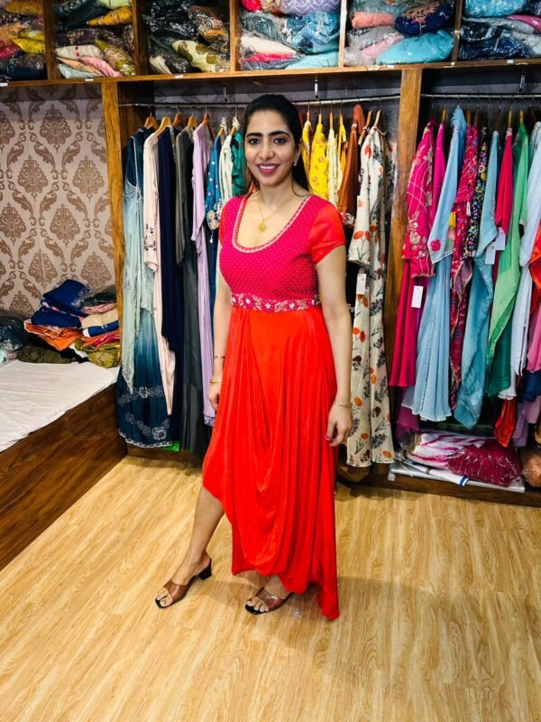 WhatsApp Image 2025-06-09 at 17.28.19 Rani Pink and Orange Indowestern Drape Gown (Fabric:- Pure Crepe)