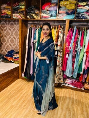 Fairy blue Ombre Hand Embroidered Gown with Handworked Cape