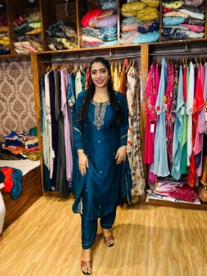 Peacock Green Hand Embroidered Kurta Set  (Fabric: Bichitra Silk)