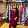Maroonish Wine Hand Embroidered Kurta Set (Fabric: Bichitra Silk)