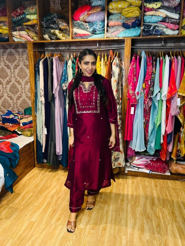 Maroonish Wine Hand Embroidered Kurta Set (Fabric: Bichitra Silk)